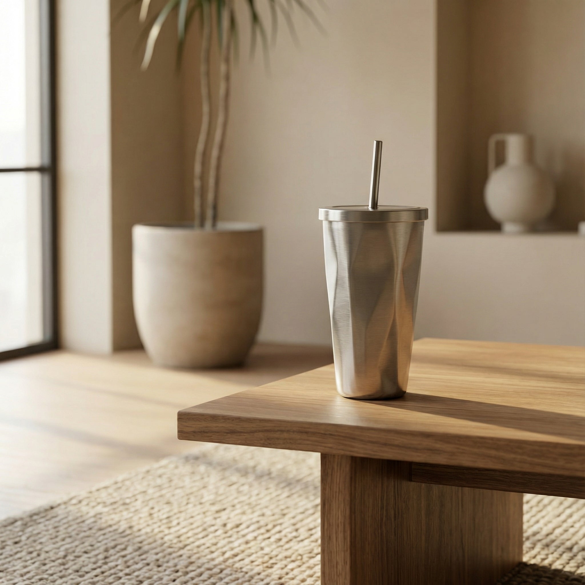 Metallic Cup with a Straw