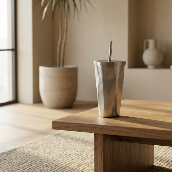 Metallic Cup with a Straw